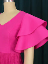 Ruffle Sleeve V Neck Midi Fringe Dress Women’s