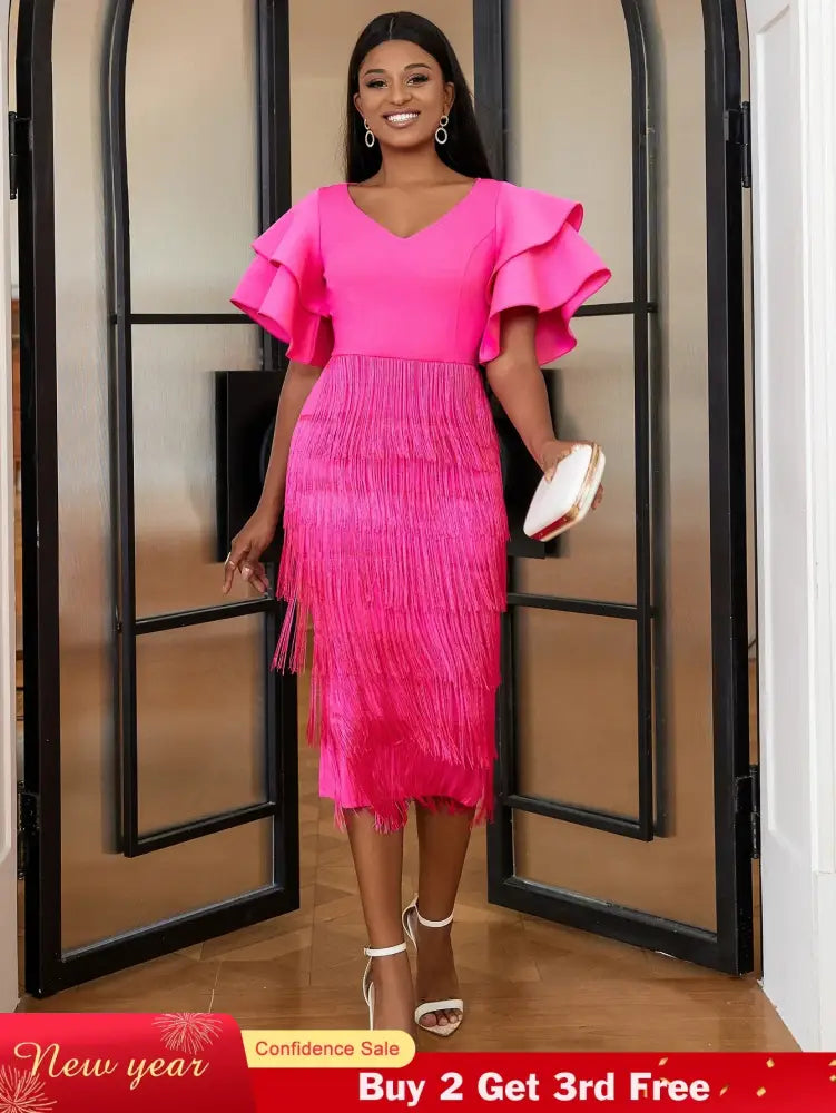 Ruffle Sleeve V Neck Midi Fringe Dress Women’s