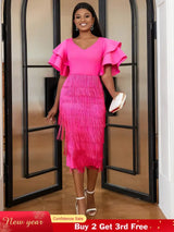 Ruffle Sleeve V Neck Midi Fringe Dress Women’s