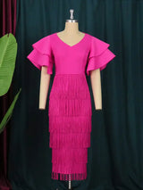 Ruffle Sleeve V Neck Midi Fringe Dress Women’s Rose / S