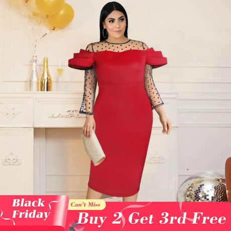 See Through Dot Sleeve Patchwork Long Dress Midi Burgundy / S dress