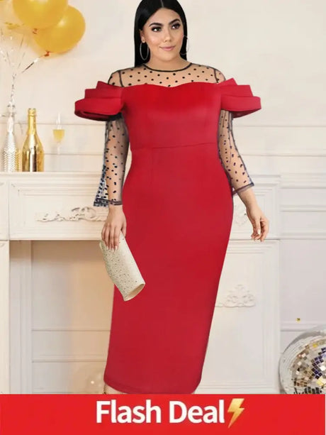 See Through Dot Sleeve Patchwork Long Dress Midi Burgundy / S dress