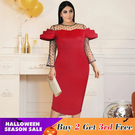 See Through Dot Sleeve Patchwork Long Dress Midi Burgundy / S dress
