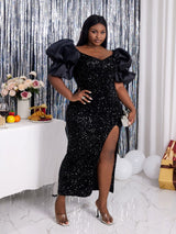 Off Shoulder Fluffy Sleeve High Slit Plus Size Sequin Evening Gown