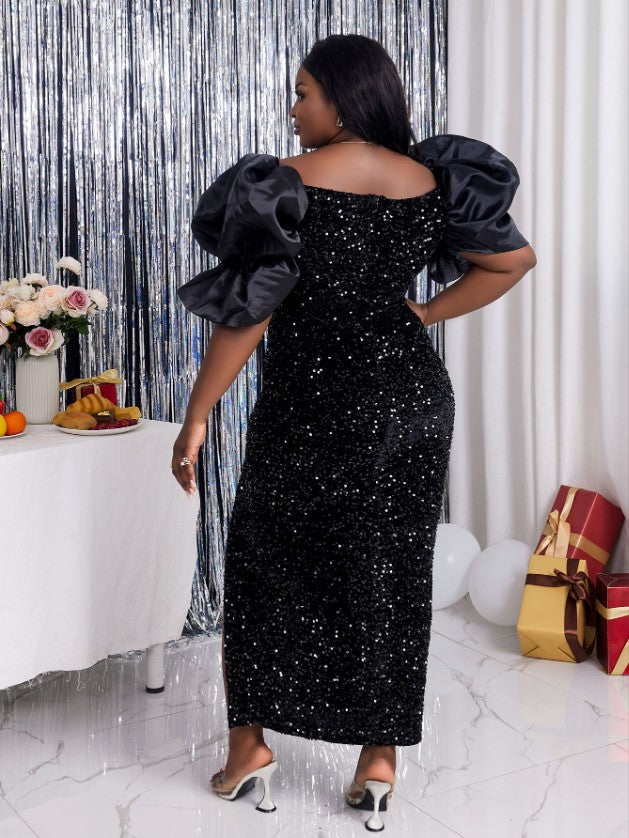 Off Shoulder Fluffy Sleeve High Slit Plus Size Sequin Evening Gown