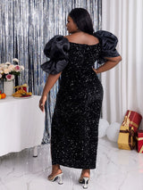 Off Shoulder Fluffy Sleeve High Slit Plus Size Sequin Evening Gown