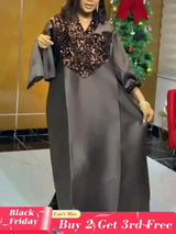 Shiny Bubu Dresses V Neck Patchwork Sequined African Kaftan Dress Black / One Size
