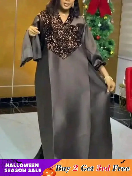 Shiny Bubu Dresses V Neck Patchwork Sequined African Kaftan Dress Black / One Size