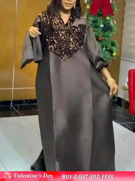 Shiny Bubu Dresses V Neck Patchwork Sequined African Kaftan Dress Black / One Size