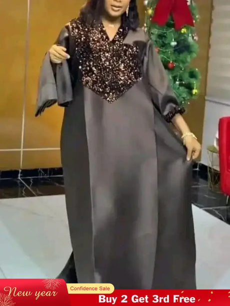 Shiny Bubu Dresses V Neck Patchwork Sequined African Kaftan Dress Black / One Size