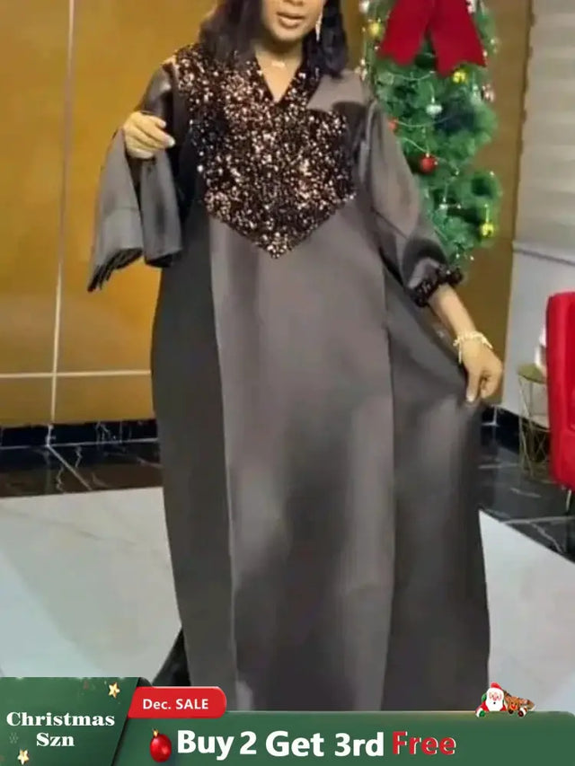 Shiny Bubu Dresses V Neck Patchwork Sequined African Kaftan Dress Black / One Size