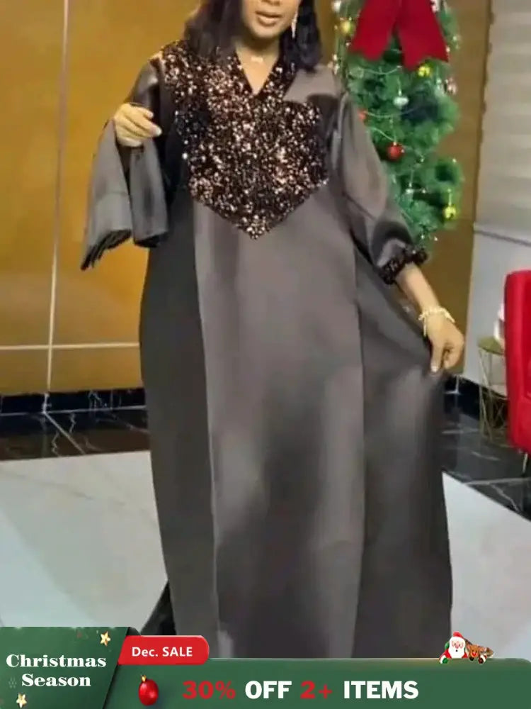Shiny Bubu Dresses V Neck Patchwork Sequined African Kaftan Dress Black / One Size