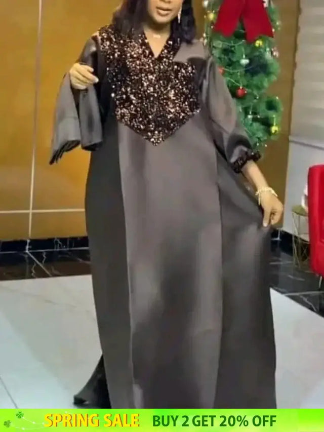 Shiny Bubu Dresses V Neck Patchwork Sequined African Kaftan Dress Black / One Size