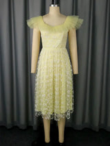 Square Collar A Line Mesh Dress French Style Elegant Floral Embroidery Midi Party Dresse