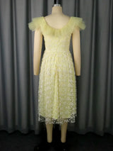 Square Collar A Line Mesh Dress French Style Elegant Floral Embroidery Midi Party Dresse