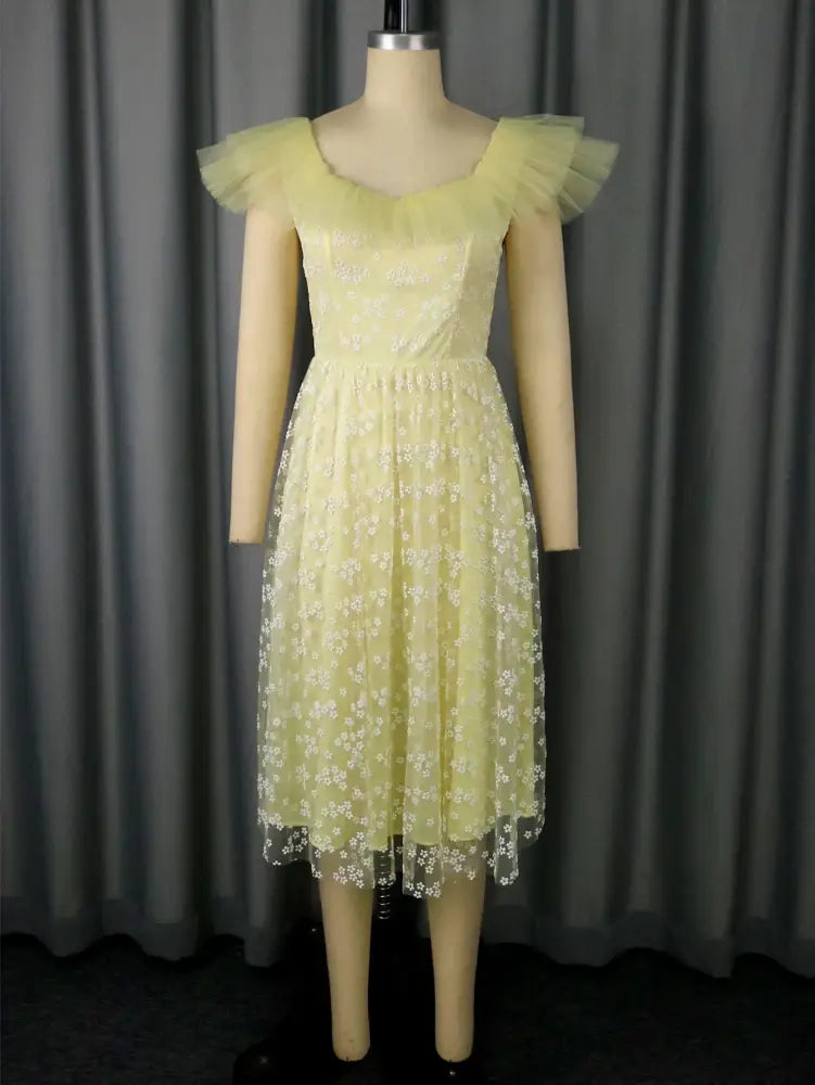 Square Collar A Line Mesh Dress French Style Elegant Floral Embroidery Midi Party Dresse