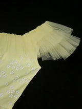 Square Collar A Line Mesh Dress French Style Elegant Floral Embroidery Midi Party Dresse