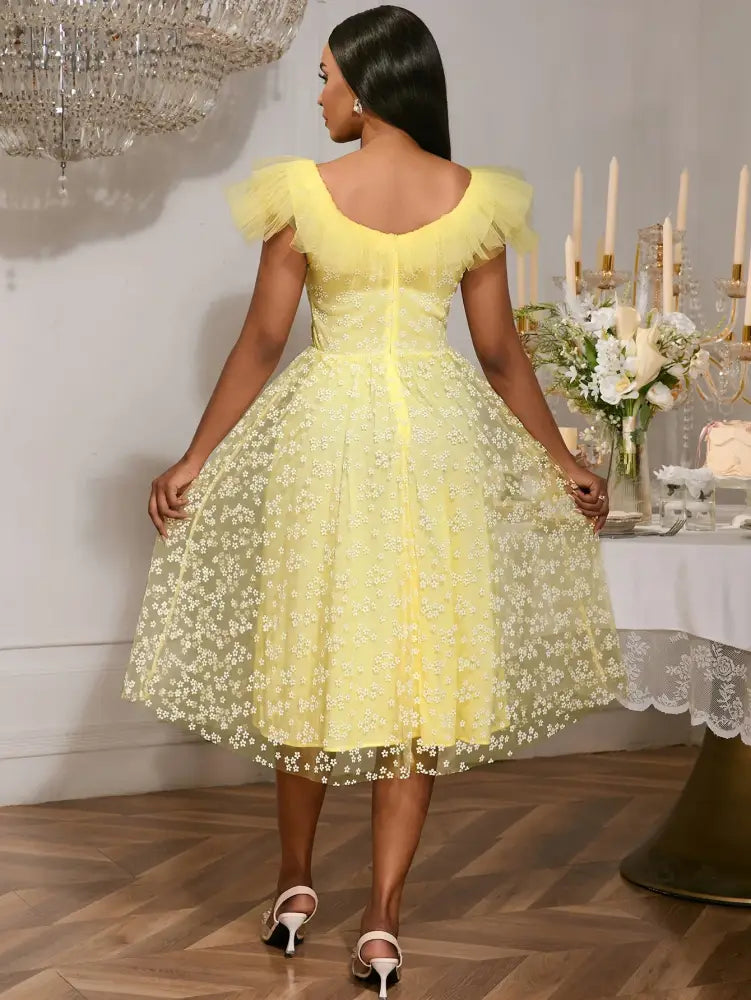 Square Collar A Line Mesh Dress French Style Elegant Floral Embroidery Midi Party Dresse