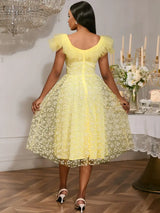 Square Collar A Line Mesh Dress French Style Elegant Floral Embroidery Midi Party Dresse