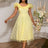 Square Collar A Line Mesh Dress French Style Elegant Floral Embroidery Midi Party Dresse Yellow / S