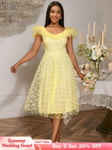 Square Collar A Line Mesh Dress French Style Elegant Floral Embroidery Midi Party Dresse Yellow / S