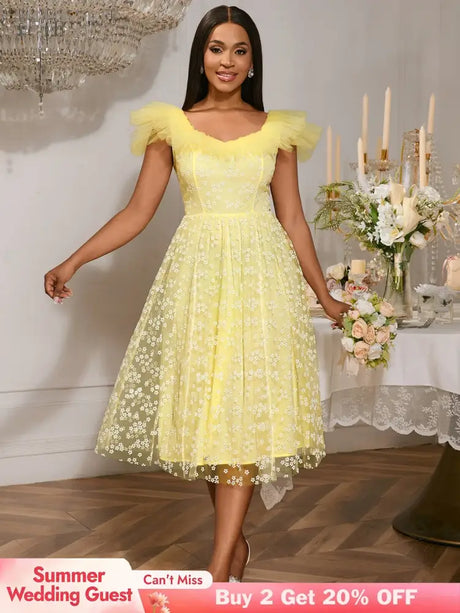 Square Collar A Line Mesh Dress French Style Elegant Floral Embroidery Midi Party Dresse Yellow / S