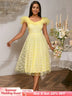 Square Collar A Line Mesh Dress French Style Elegant Floral Embroidery Midi Party Dresse Yellow / S