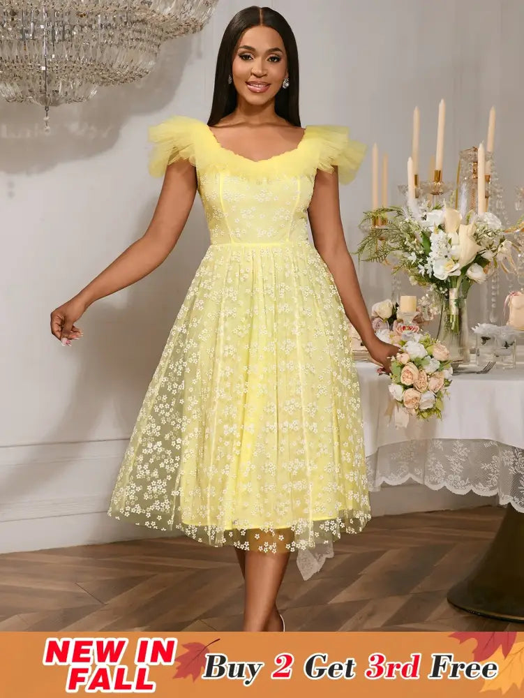Square Collar A Line Mesh Dress French Style Elegant Floral Embroidery Midi Party Dresse Yellow / S