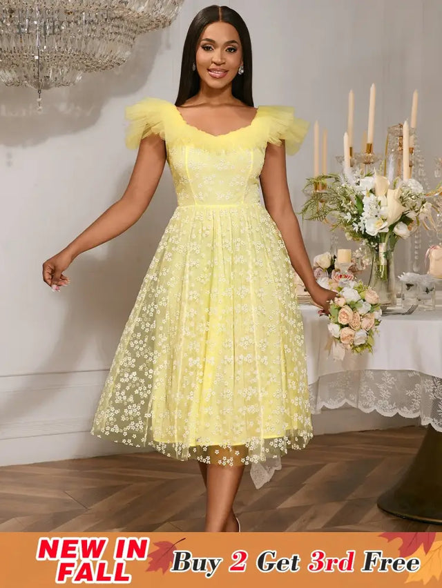 Square Collar A Line Mesh Dress French Style Elegant Floral Embroidery Midi Party Dresse Yellow / S