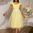 Square Collar A Line Mesh Dress French Style Elegant Floral Embroidery Midi Party Dresse Yellow / S