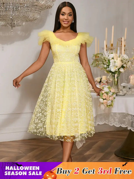Square Collar A Line Mesh Dress French Style Elegant Floral Embroidery Midi Party Dresse Yellow / S