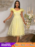 Square Collar A Line Mesh Dress French Style Elegant Floral Embroidery Midi Party Dresse Yellow / S