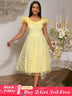 Square Collar A Line Mesh Dress French Style Elegant Floral Embroidery Midi Party Dresse Yellow / S