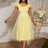 Square Collar A Line Mesh Dress French Style Elegant Floral Embroidery Midi Party Dresse Yellow / S