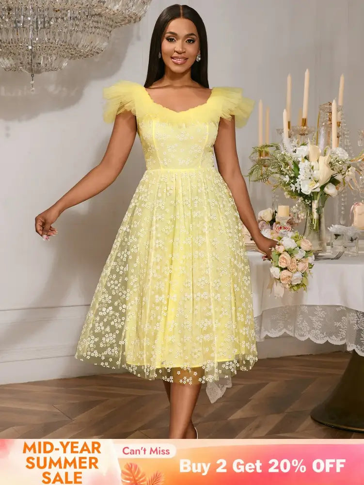 Square Collar A Line Mesh Dress French Style Elegant Floral Embroidery Midi Party Dresse Yellow / S