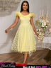Square Collar A Line Mesh Dress French Style Elegant Floral Embroidery Midi Party Dresse Yellow / S