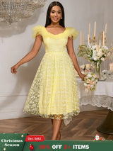 Square Collar A Line Mesh Dress French Style Elegant Floral Embroidery Midi Party Dresse Yellow / S