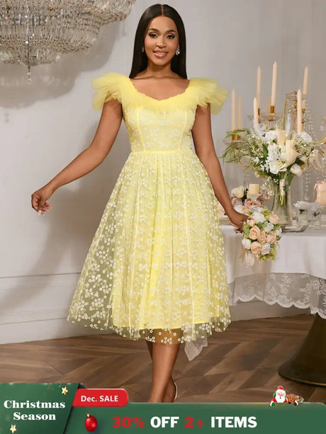 Square Collar A Line Mesh Dress French Style Elegant Floral Embroidery Midi Party Dresse Yellow / S