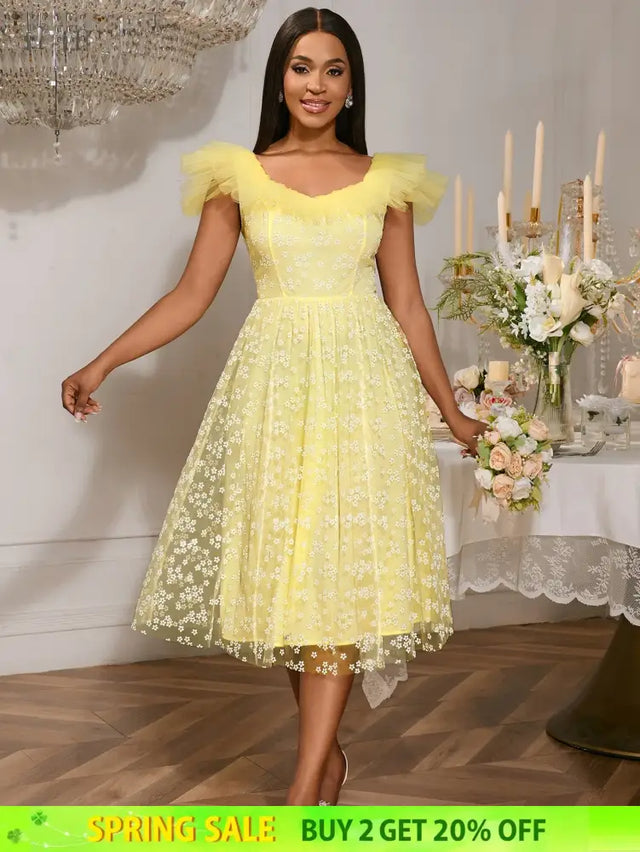 Square Collar A Line Mesh Dress French Style Elegant Floral Embroidery Midi Party Dresse Yellow / S