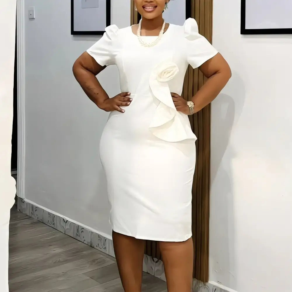 Summer Wedding Guest Dress 2025 Elegant Fitted Short Sleeve WHITE / S