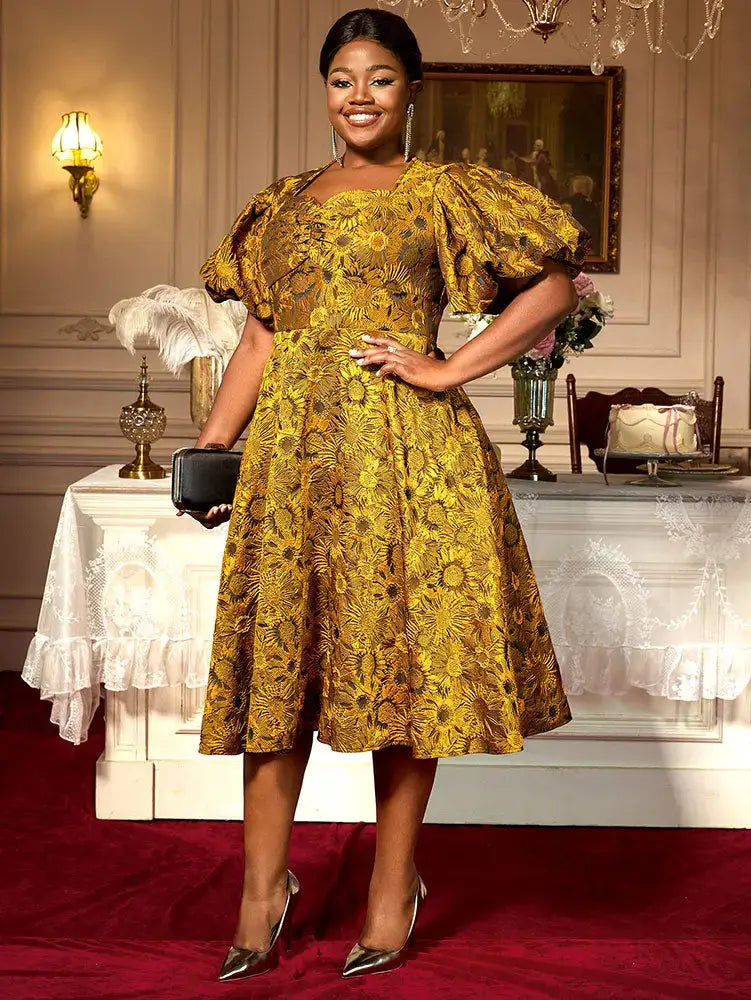 AOMEIDRESS Jacquard A Line Dresses Short Lantern Sleeves Elegant Retro Party Event