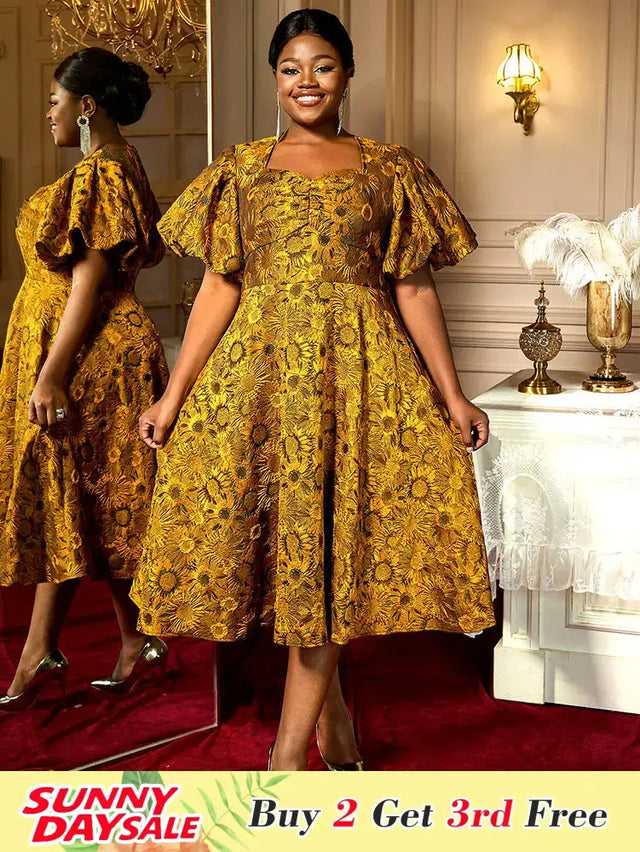 AOMEIDRESS Jacquard A Line Dresses Short Lantern Sleeves Elegant Retro Party Event Yellow / S