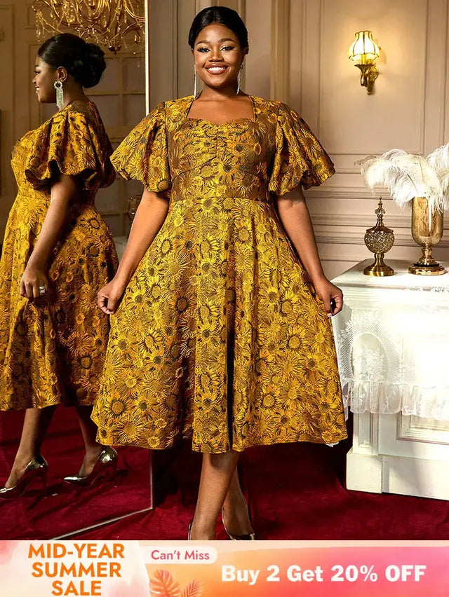 AOMEIDRESS Jacquard A Line Dresses Short Lantern Sleeves Elegant Retro Party Event Yellow / S