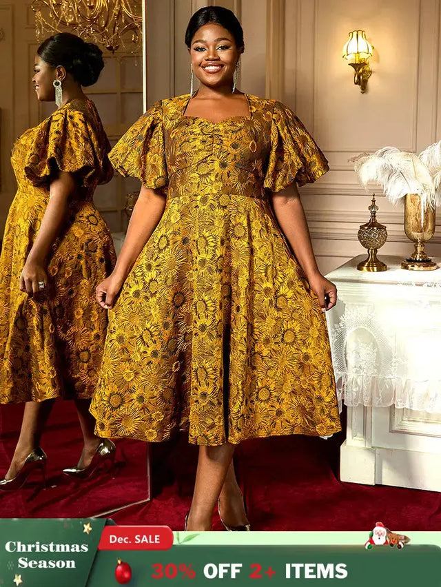 AOMEIDRESS Jacquard A Line Dresses Short Lantern Sleeves Elegant Retro Party Event Yellow / S