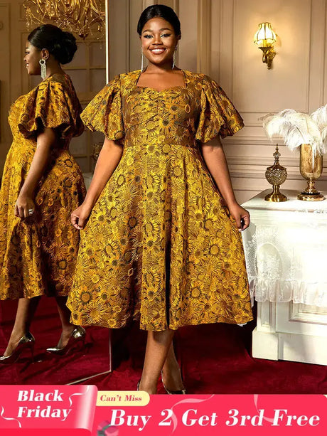 AOMEIDRESS Jacquard A Line Dresses Short Lantern Sleeves Elegant Retro Party Event Yellow / S