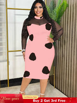 Tulle Long Sleeve Dot Bodycon Dresses Office Outfits for Ladies Pink / S