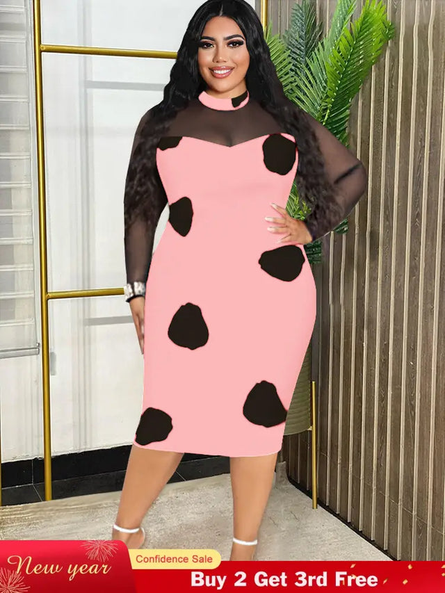 Tulle Long Sleeve Dot Bodycon Dresses Office Outfits for Ladies Pink / S