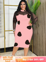 Tulle Long Sleeve Dot Bodycon Dresses Office Outfits for Ladies Pink / S
