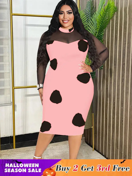 Tulle Long Sleeve Dot Bodycon Dresses Office Outfits for Ladies Pink / S