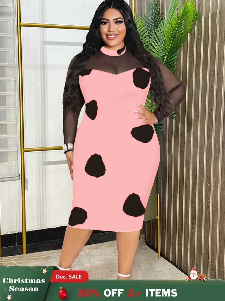 Tulle Long Sleeve Dot Bodycon Dresses Office Outfits for Ladies Pink / S